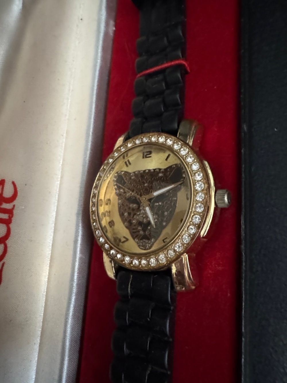 Gold Crystal Accent Leopard Face Women's Watch - Black Strap